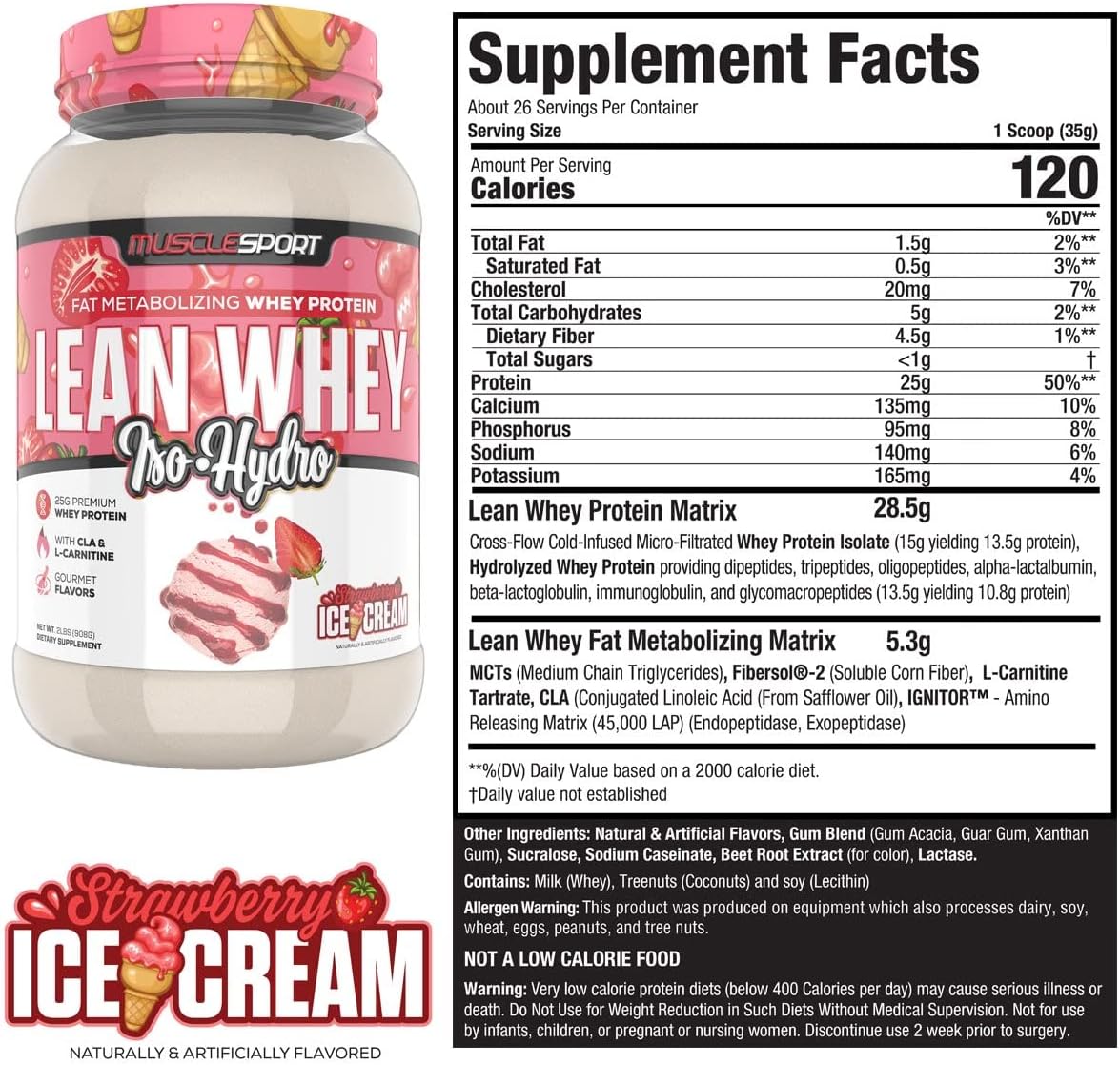 Musclesport Lean Whey Iso Hydro Gourmet Protein Strawberry 2lb