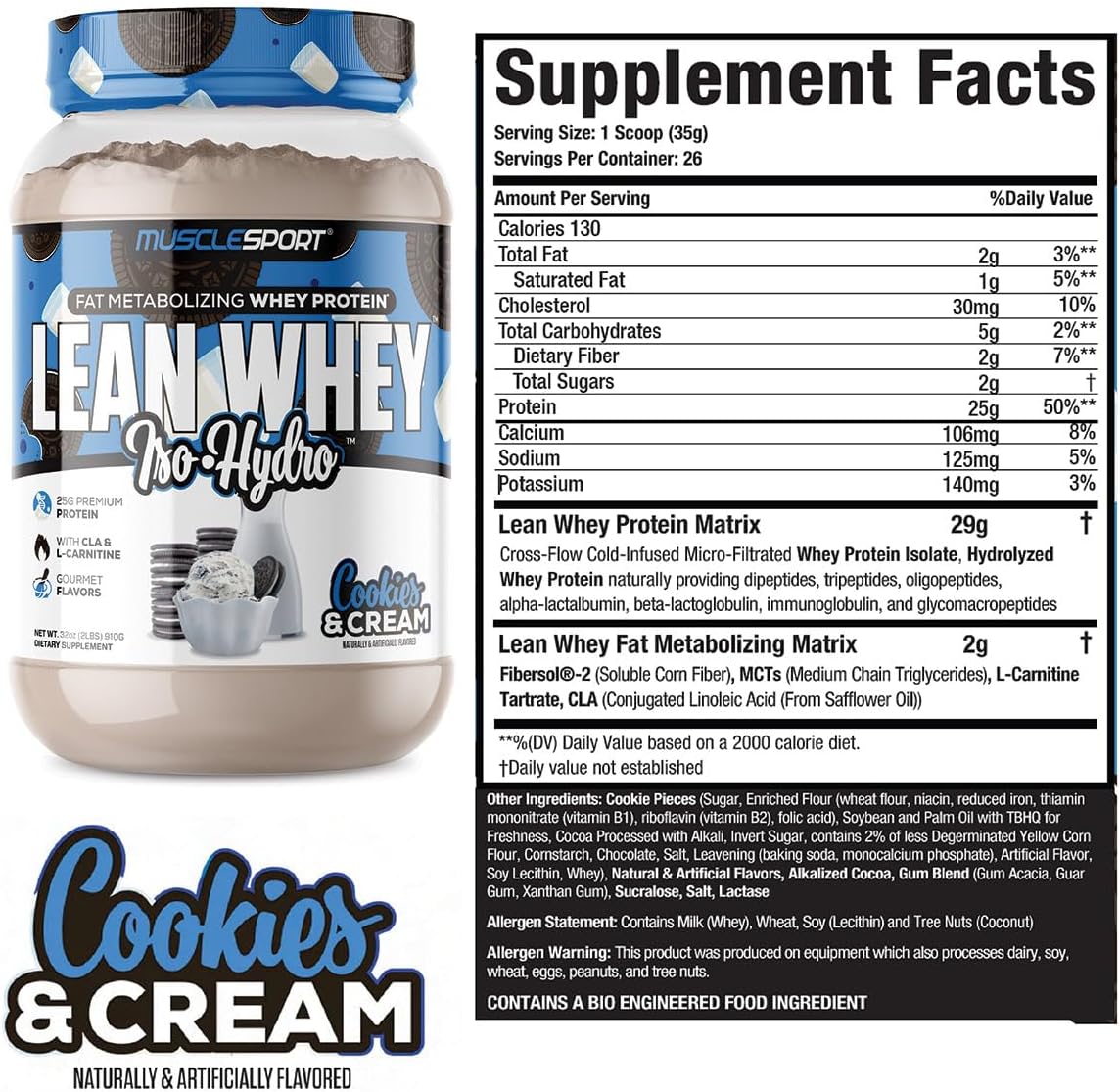 Musclesport Lean Whey Iso Hydro Gourmet Protein Cookies & Cream 2lb