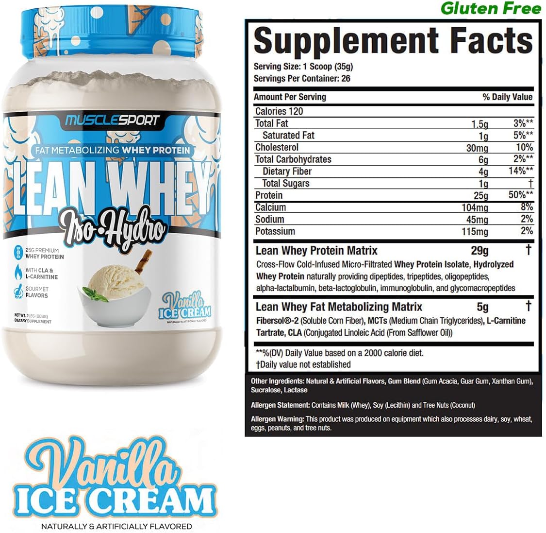Musclesport Lean Whey Iso Hydro Gourmet Protein Vanilla 2lb
