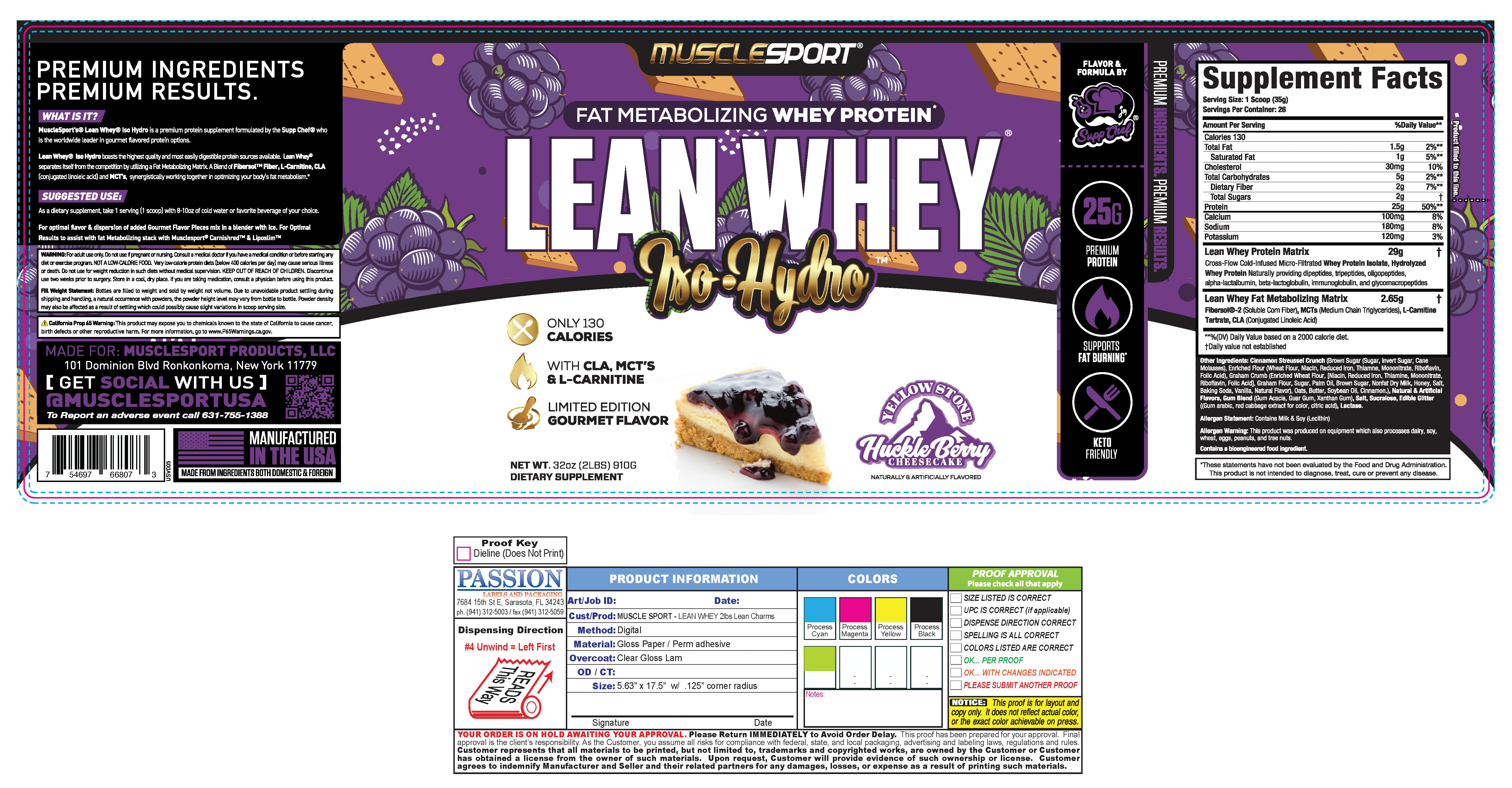 Musclesport Lean Whey Iso Hydro Gourmet Protein Huckleberry Cheesecake 2lb