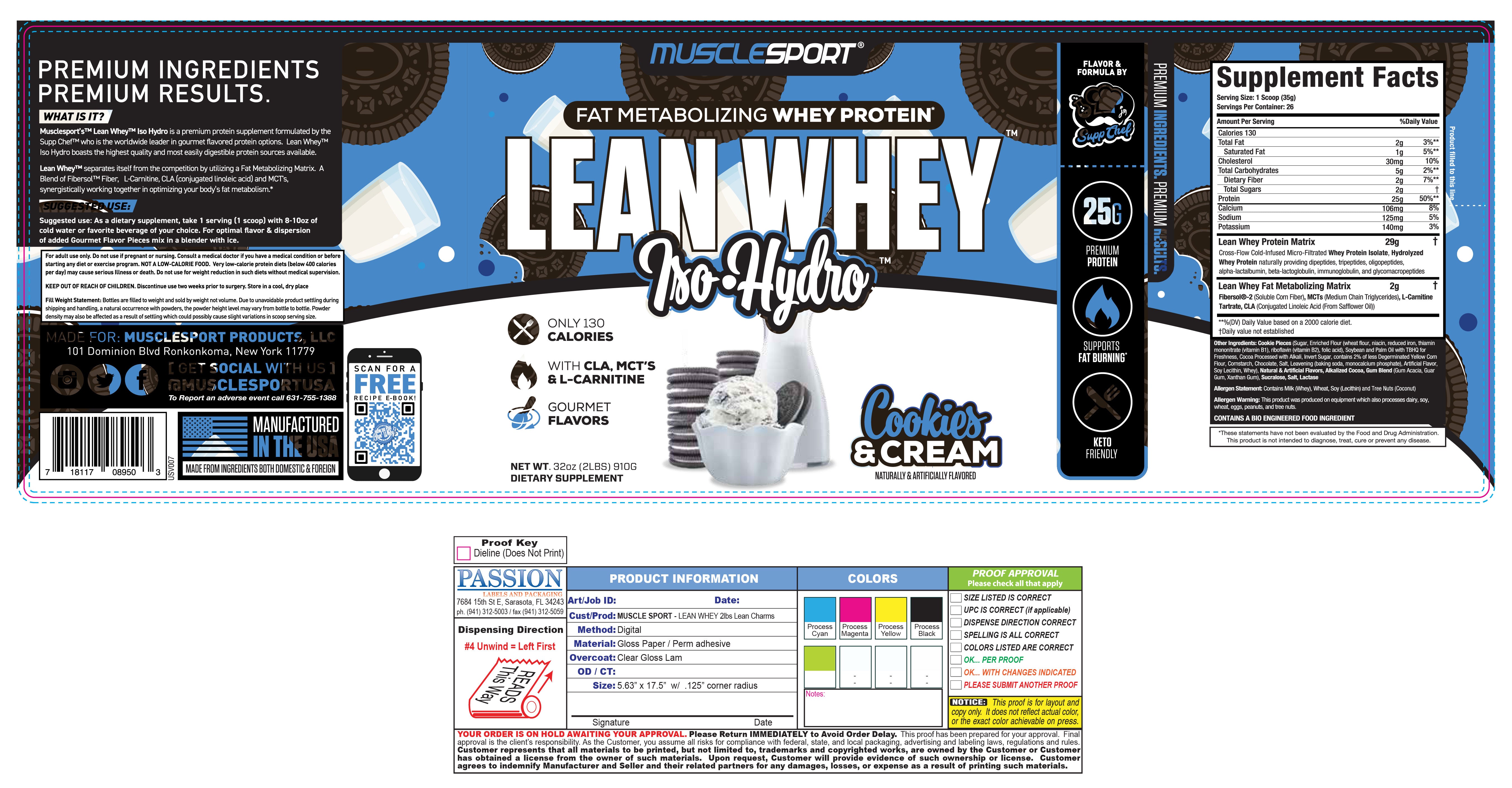 Musclesport Lean Whey Iso Hydro Gourmet Protein Cookies & Cream 2lb