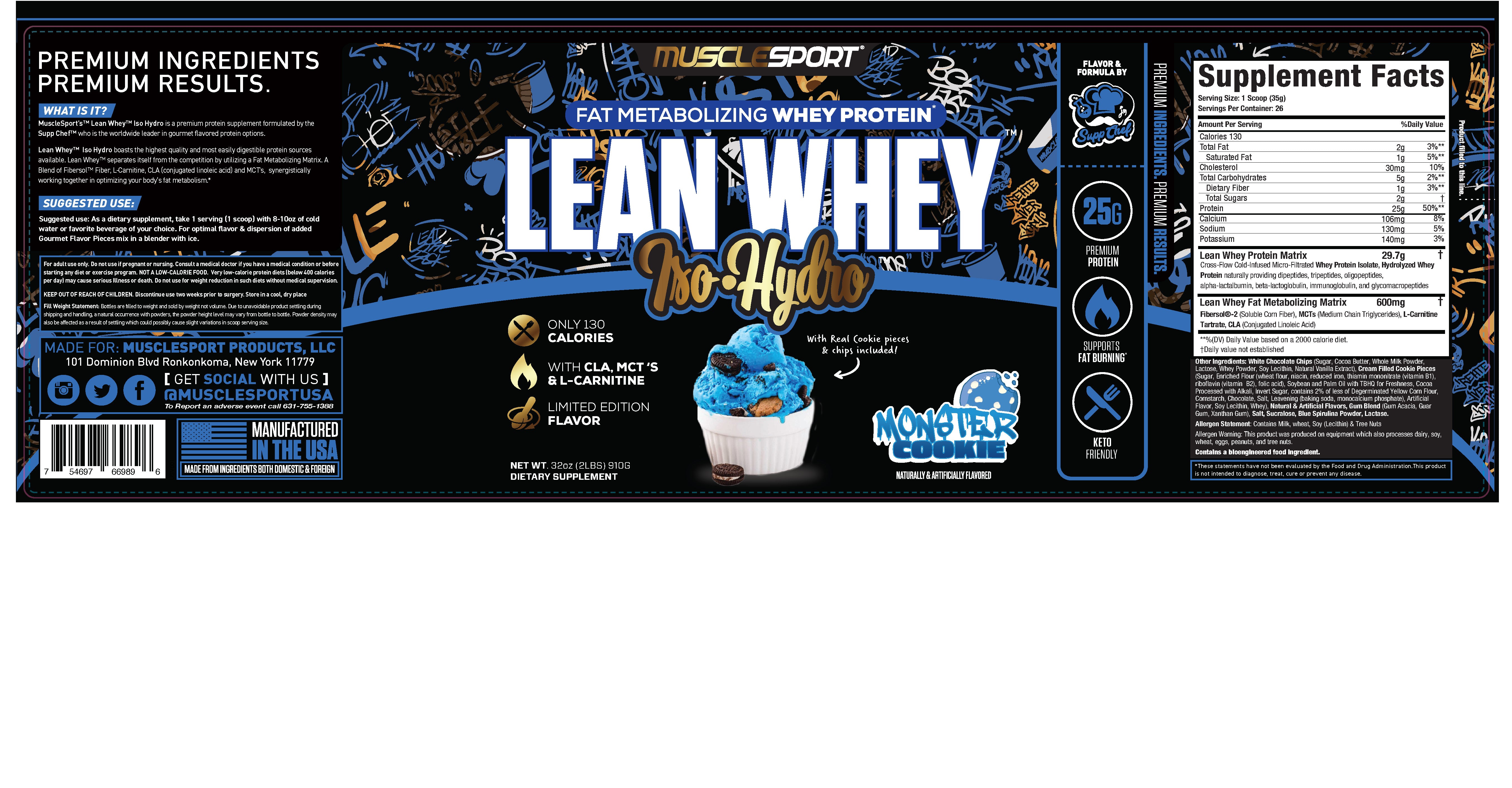 Musclesport Lean Whey Iso Hydro Gourmet Protein Monster Cookie 2lb