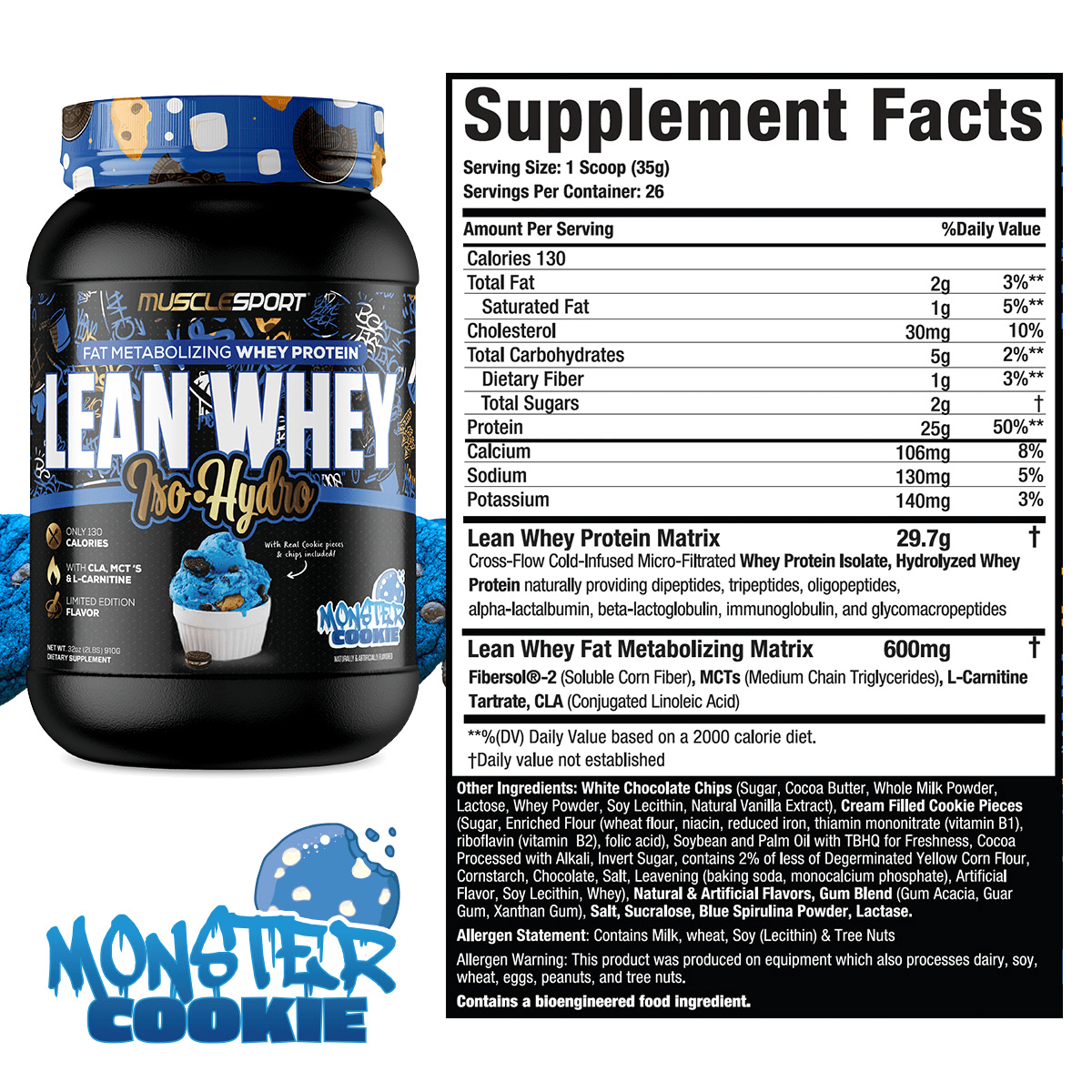 Musclesport Lean Whey Iso Hydro Gourmet Protein Monster Cookie 2lb