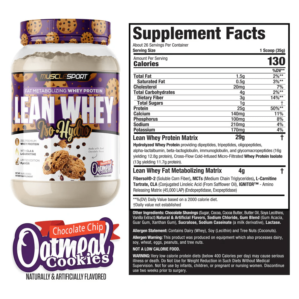 Musclesport Lean Whey Iso Hydro Gourmet Protein Chocolate Chip Oatmeal Cookies 2lb
